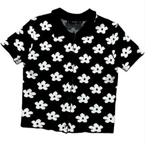 Floral collar black white button down top retro soft blouse women’s shirt